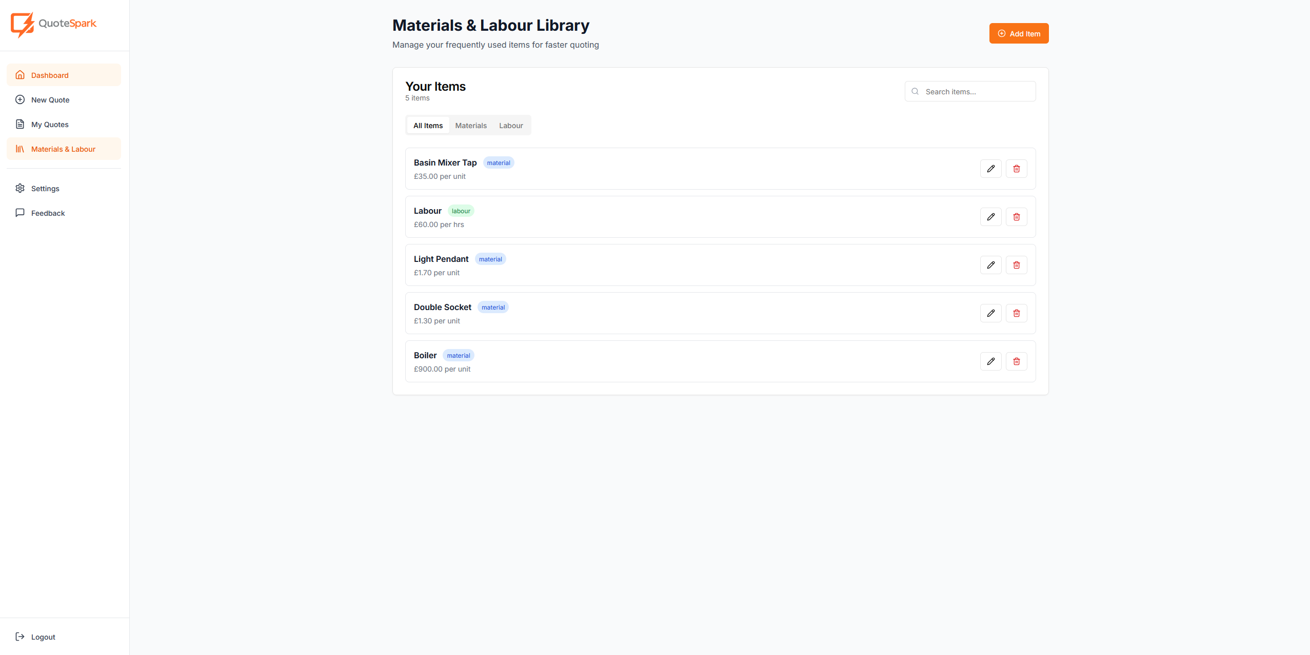 Materials & labour library